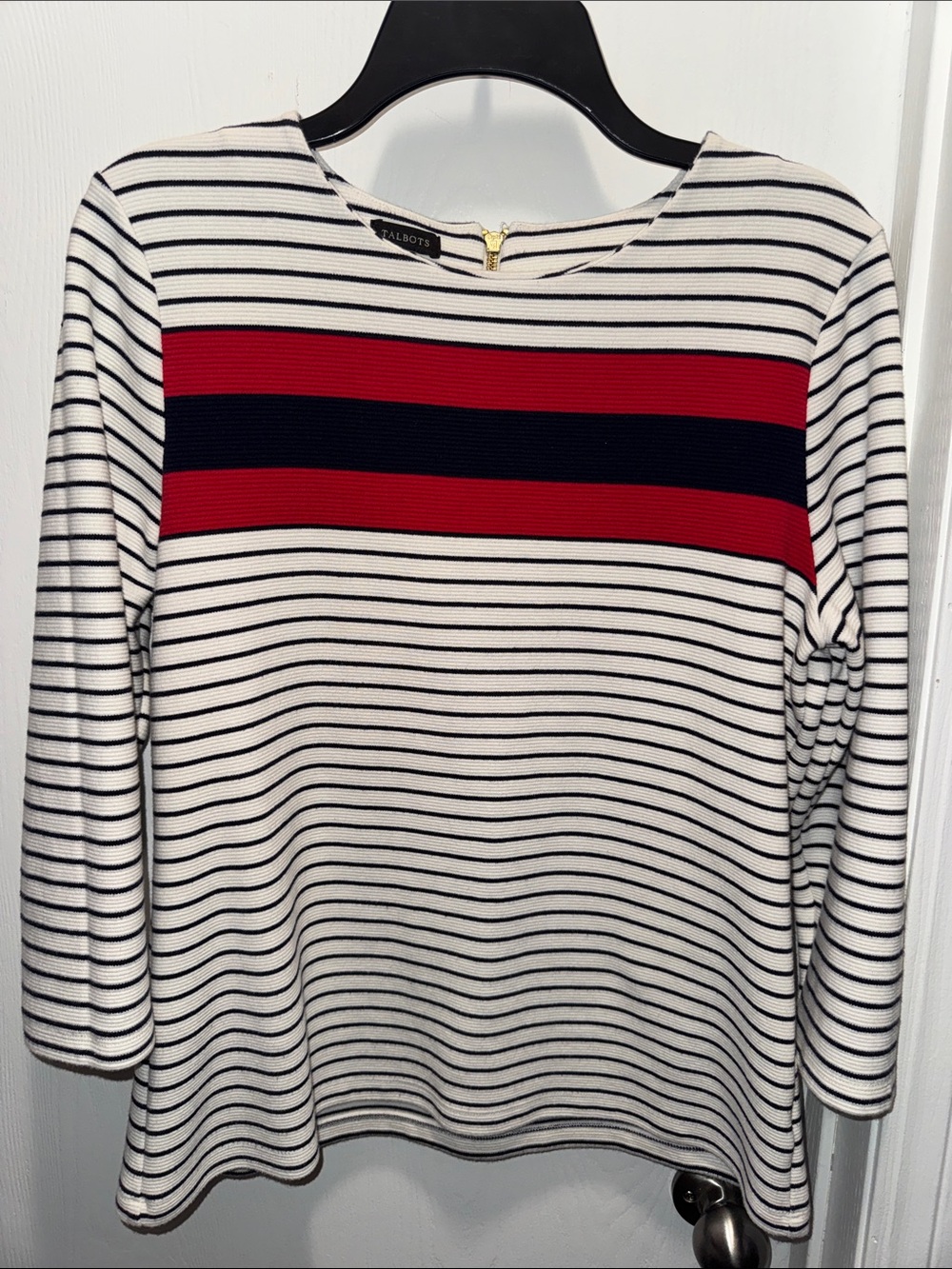 Talbots White Long-Sleeve Striped Crewneck Top with Red & Navy Bands